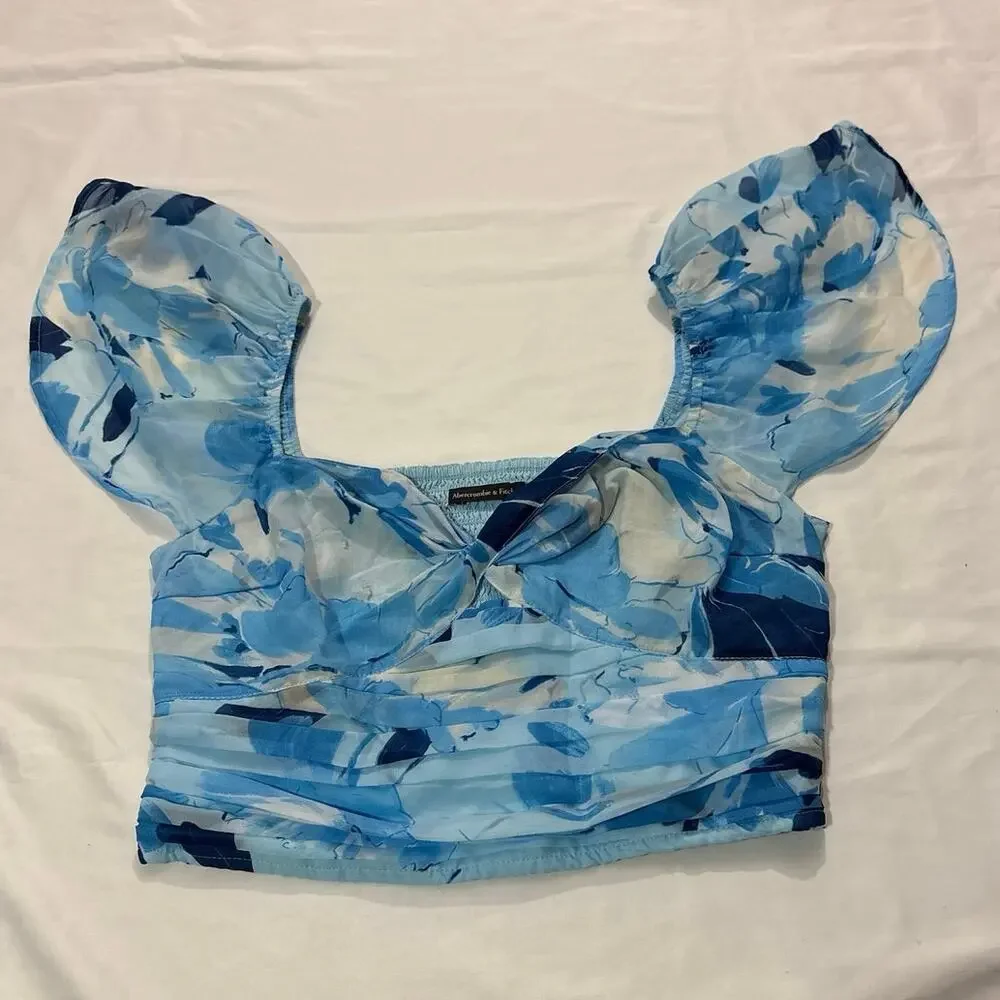 Abercrombie & Fitch Womens Medium Blue Floral Tiered Flowy Sleeve Blouse Top
